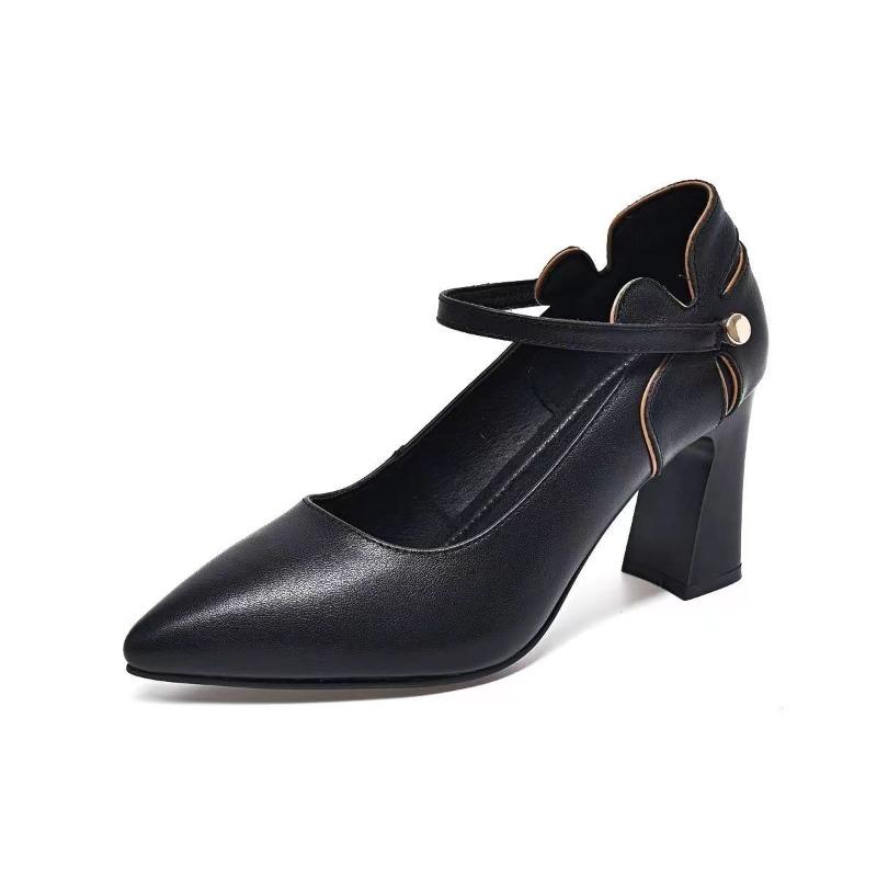 Fashion Spring New Soft Leather Simple Shallow Heels Pointed Toe Plus Size One Word Strap Versatile Soft Sole Single Shoes for Women