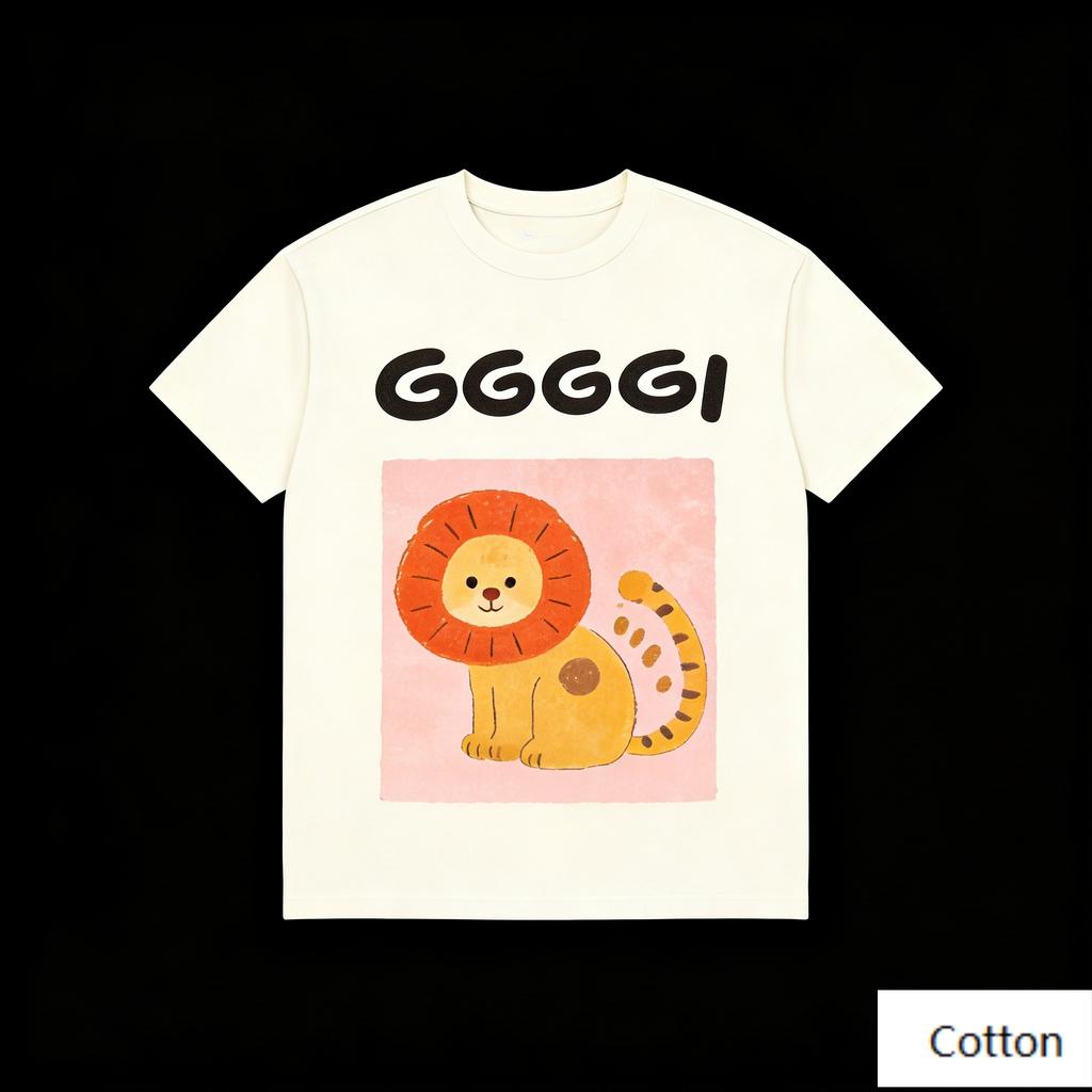 Cute Lion & GGGGGI Letter Print Cotton T-Shirt, Unisex Loose Fit Casual Tee, Versatile Daily Streetwear for Men Women