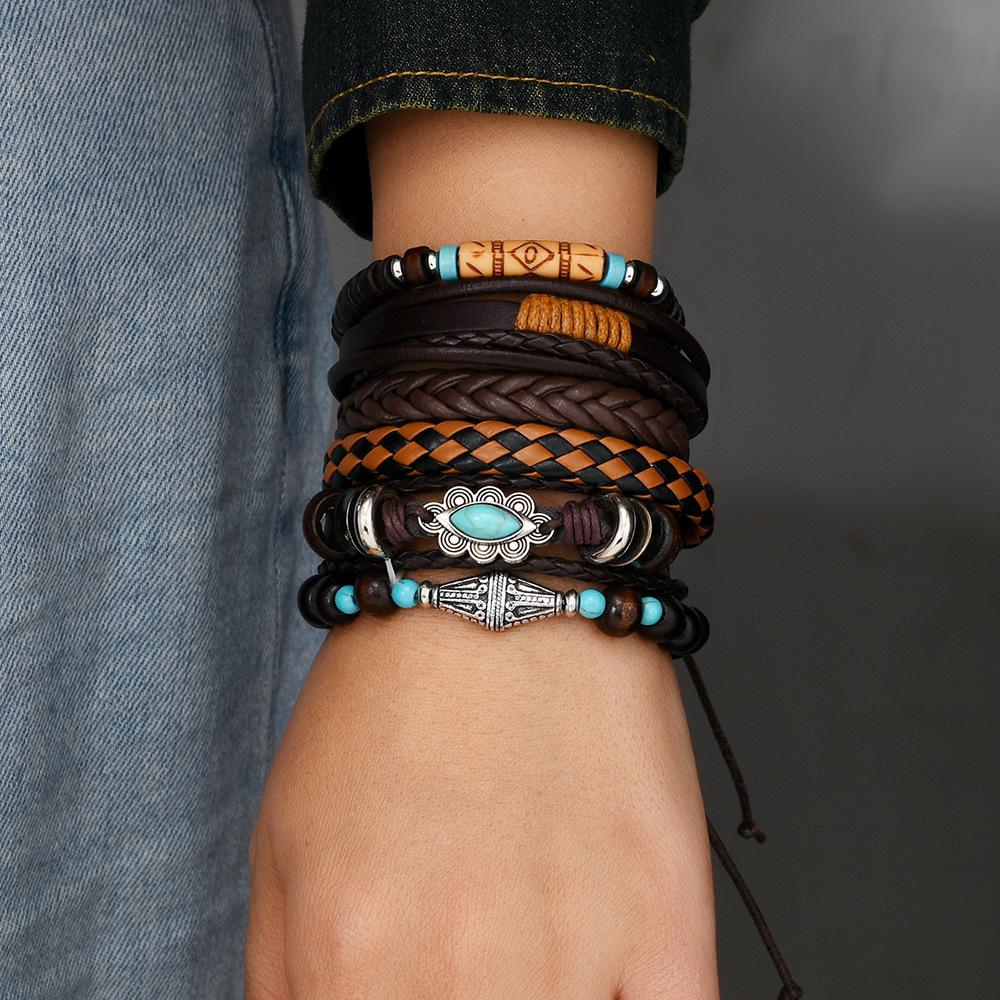 Sada náramkov Boho pre mužov Kožený pletený wrap náramok s drevenými korálkami Lebka býka & Amulet so zlým okom Etnický štýl Vikingov Šperky