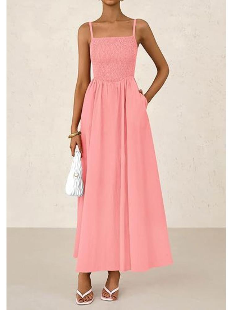 Women's Spaghetti Strap Maxi Dress with Ruffles and Pockets
