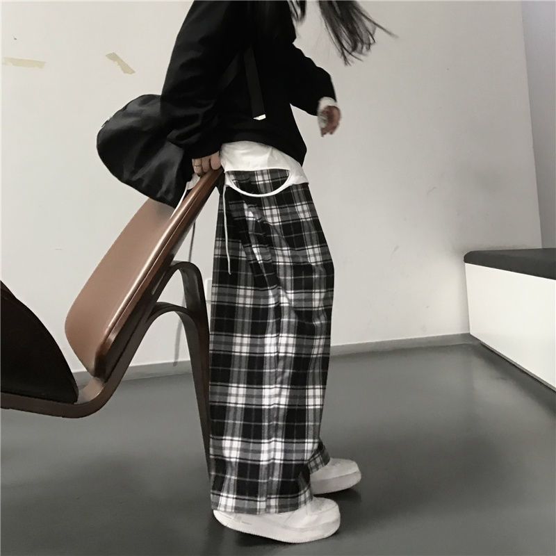 Harajuku Black and White Plaid Pants Women Summer Casual Wide Leg Trousers Korean Fashion Loose Straight Pants Y2k Bottom
