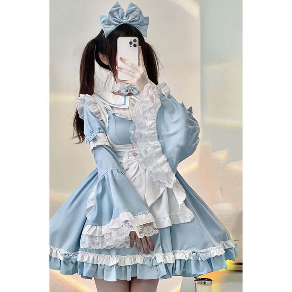 Maid Outfit Cosplay Lolita Dress with Princess Long Light Mori Girl Dreamy Lace Christmas Blue [SSUPTEMBER2] Sleeves, Sleeves, Blue, Style, Cute,