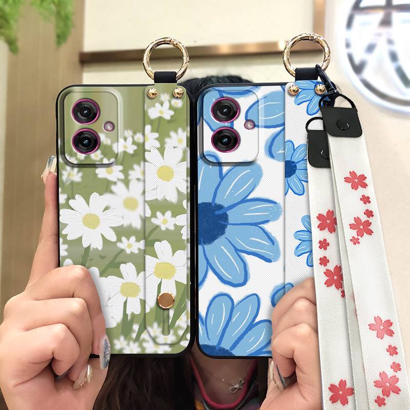Soft case Wrist Strap Phone Case For MOTO G55 5G Oil Painting Flower Phone Holder Anti-dust Shockproof Lanyard Kickstand