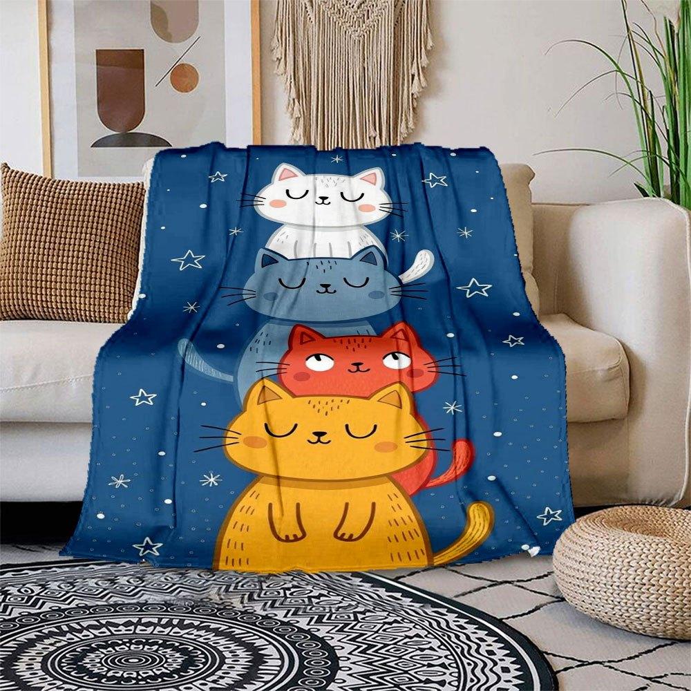 

Starry Night Cat Stack Illustration Wall Art Print Blanket Flannel Throw Blanket for Sofa, Bed, Travel, Camping, Office, Couch, Chair, And 150x180cm