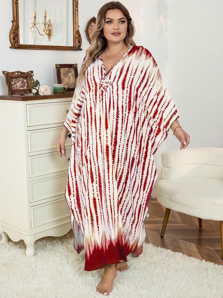 EDOLYNSA Red Striped Women's Kaftan Bohemian V-neck Chinese Knot Auspicious Knot Long Dress Robe Bathing Suit Cover Up Outfit Q1297