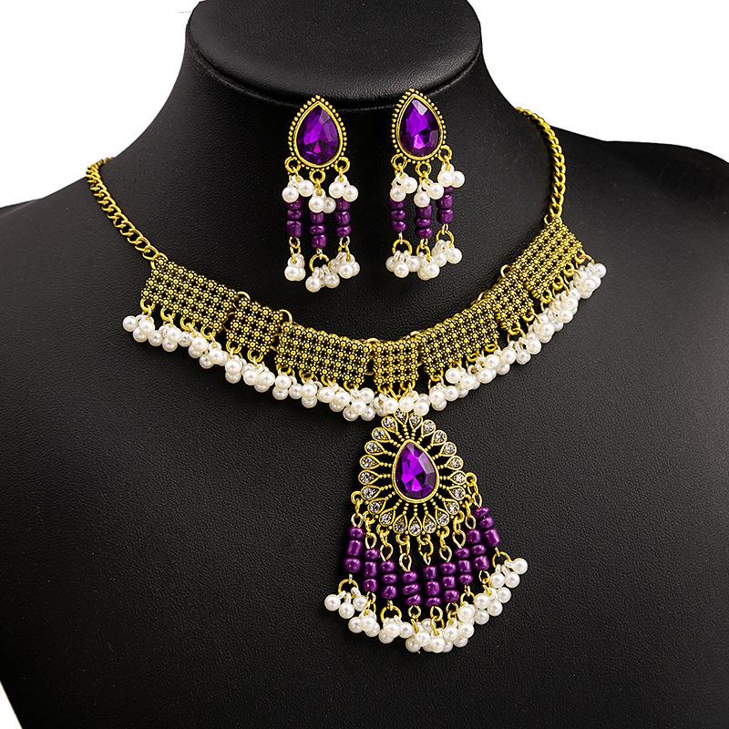Vintage Exaggerated Rhinestone Necklace, Dinner Dress Geometric Square Jewelry Set With Diamond Water Drop Earrings For Women
