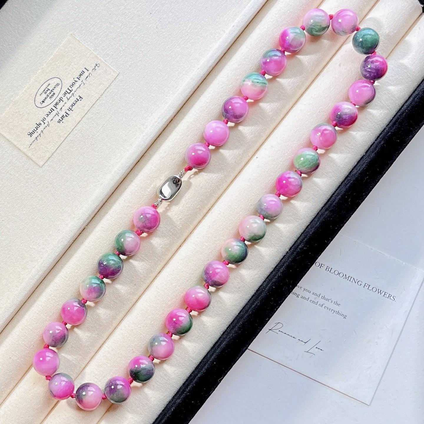 

12Mm Spring With Colorful Peach Color Quartzite Stone Necklace
