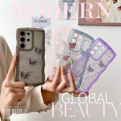 Pouzdro na telefon Samsung S22 Ultra: Epoxidový silikon s motýlem z kamínků, Průhledné třpytky pro A51 a A34 Dívky