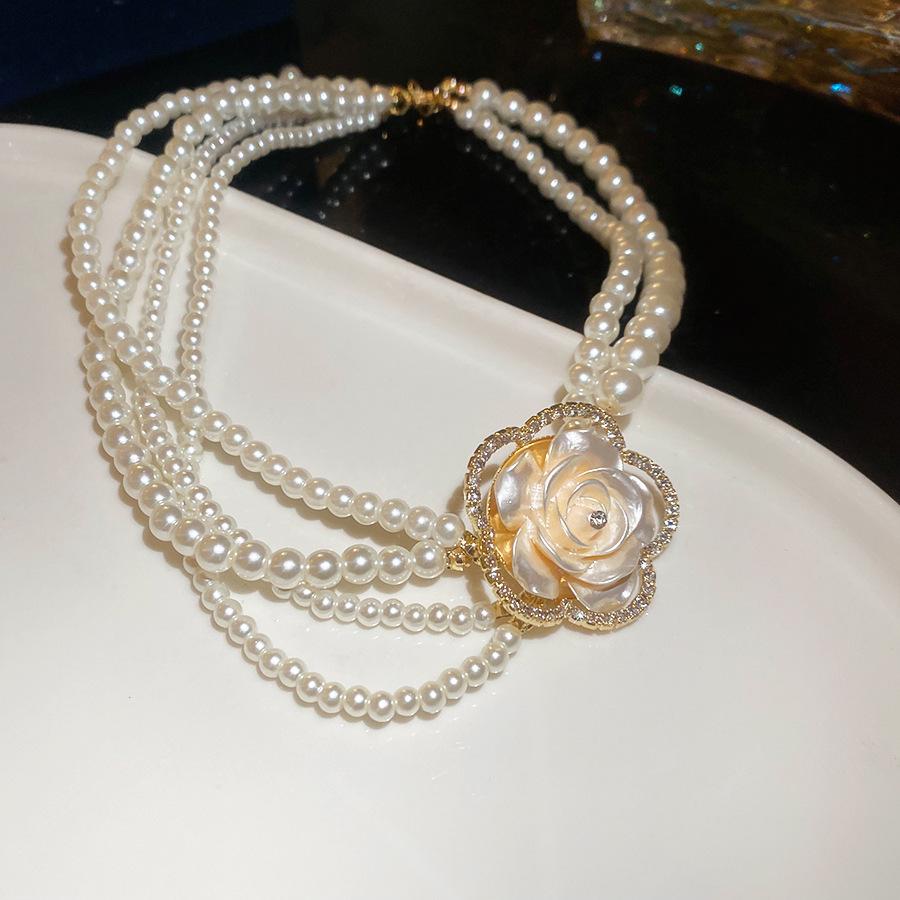 Elegant Retro Multi-layered Necklace with Rhinestones, Resin Pearls, and Beaded Flowers for Women