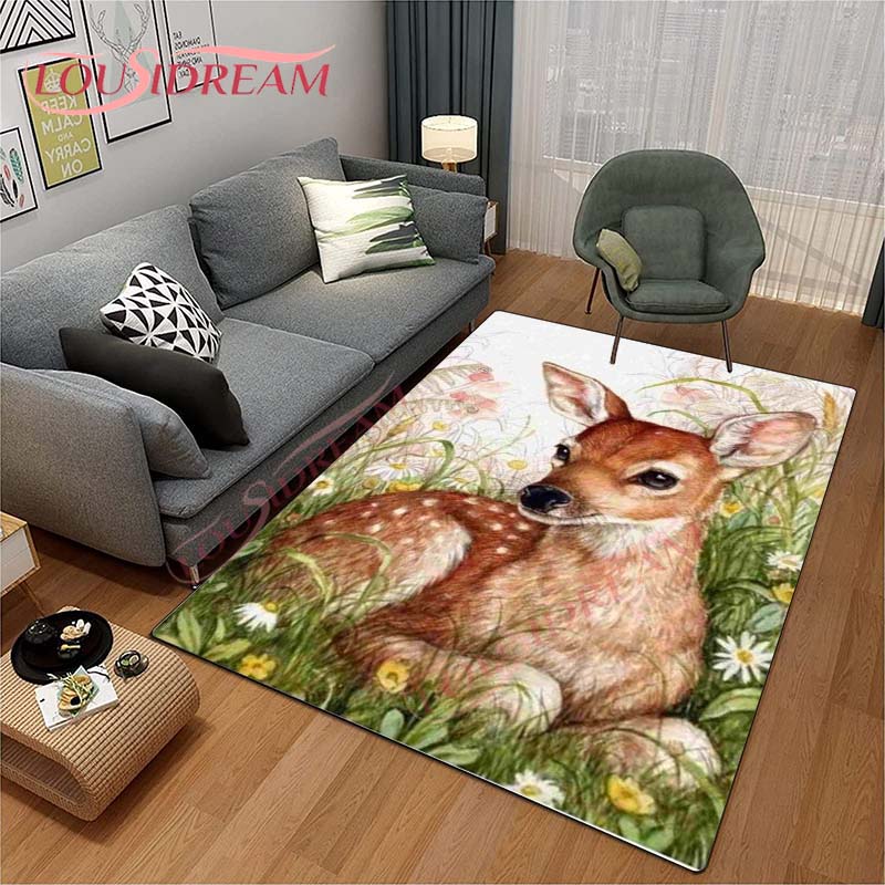 3D Cartoon Deer Rug Wildlife Mountain Landscape with Forest Carpet for Home Living Room Elk Carpet for Laundry Kids Play Carpets