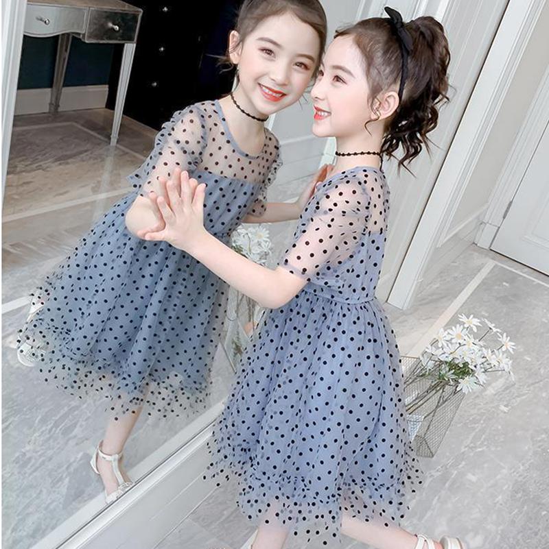 Children Dress Spring Summer Kids Clothing Baby Girls Clothing Wave Point Short Sleeve Dress Girl Mesh Dress Ruffle