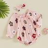 2-Piece Baby Girls Set Long Sleeve Floral Print Square Neck Smocked Ruffled Romper Bow Headband Adorable Outfits