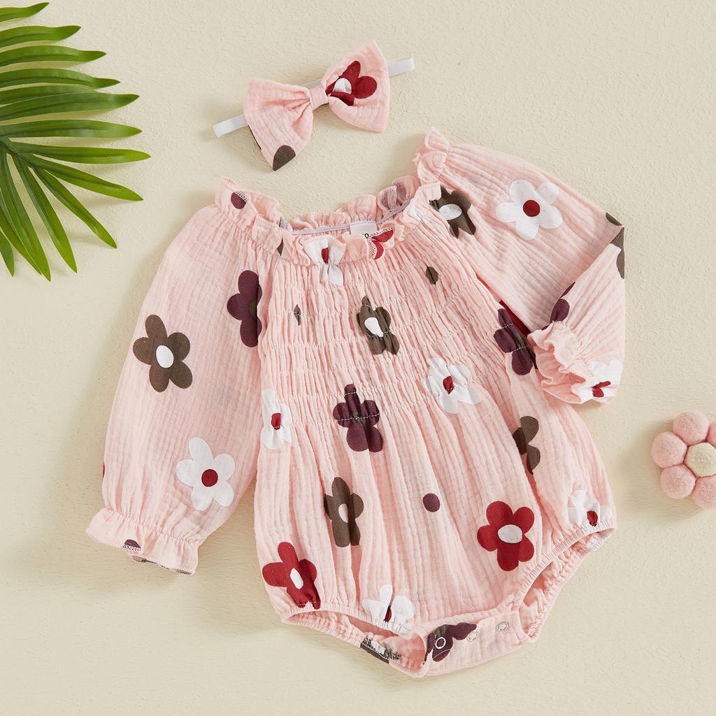 2-Piece Baby Girls Set Long Sleeve Floral Print Square Neck Smocked Ruffled Romper Bow Headband Adorable Outfits