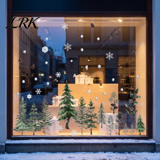 Reusable Window Clings Christmas Tree Clings, Green Pine Trees Snowflake Decals, Winter Interior Design Wall Accents PVC Static Glass Sticker