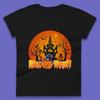 Halloween Pumpkin Witch Hat Haunted Castle Flying Bats Skull Bones Scary Dark Night Womens Tee T Shirt Mens Tops Unisex Top