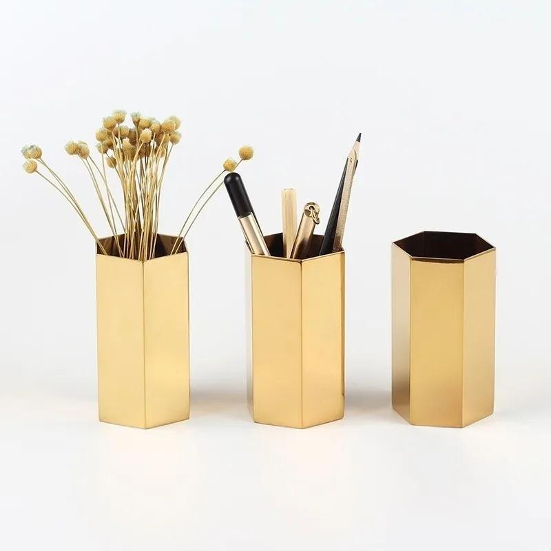 1pcs Stainless Steel Vases  Hexagon Pen Holder Gold Simple Style Home Decoration