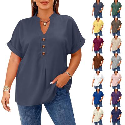 Women's Fashion Short Sleeve V Neck Button Up Blouse Stylish Casual Plus Size Top