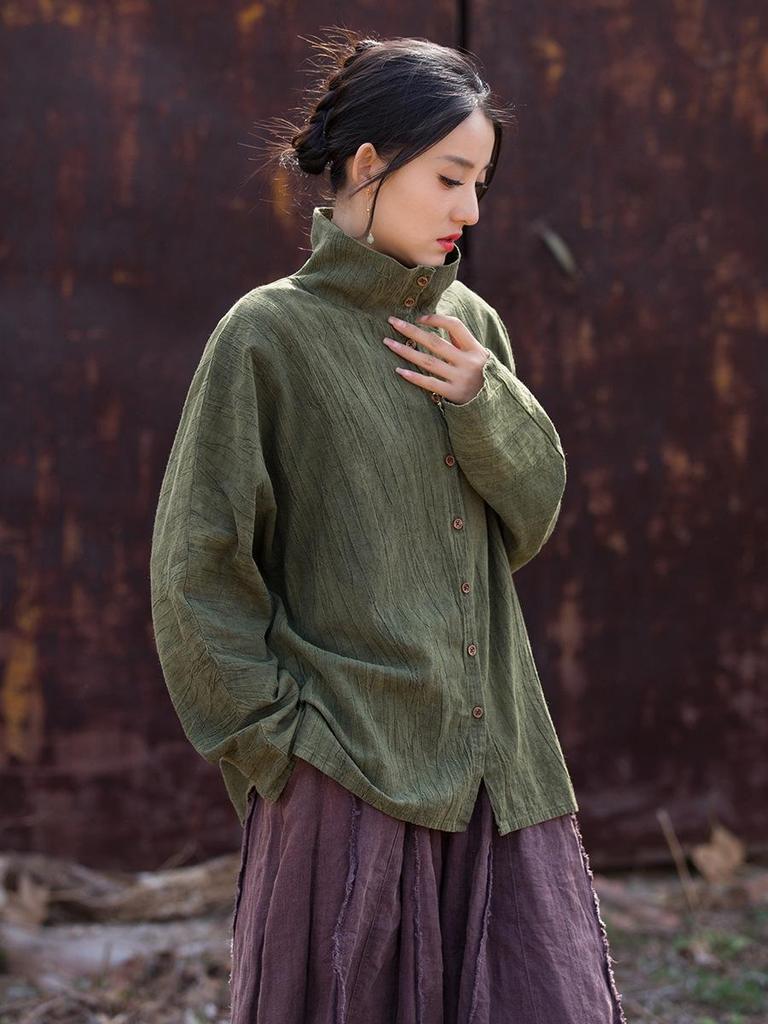 Women's Winter Tie-Dye Ramie Cotton Cardigan - Loose, Semi-High Collar Shirt in National Style.