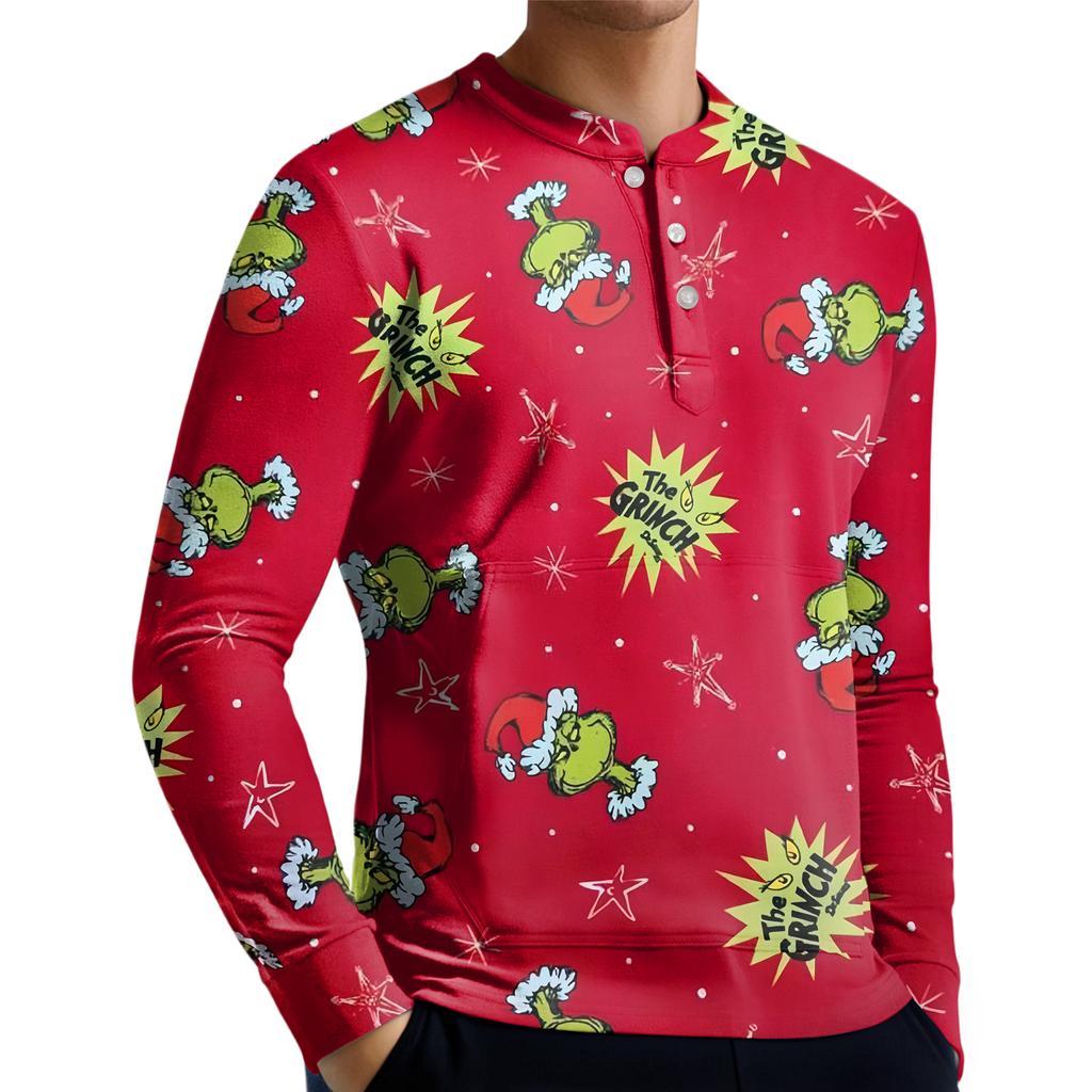 Pánská ležérní mikina na knoflíky, módní potištěná košile s dlouhým rukávem, pulovr