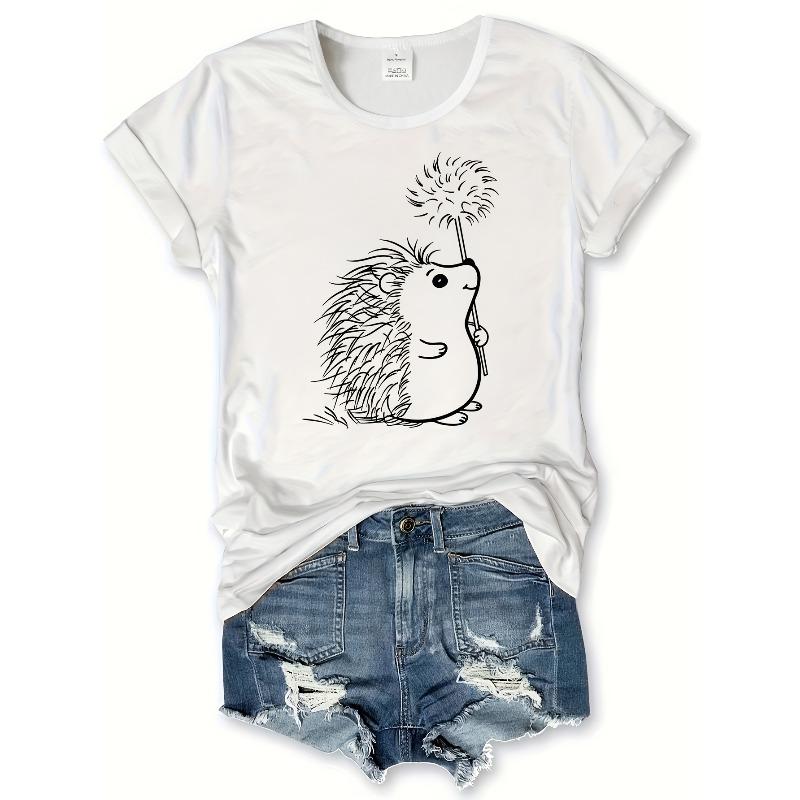 

Womens Whimsical Hedgehog Graphic T Shirt Crew Neck Short Sleeve Soft Breathable Spring Summer Casual Top M белый