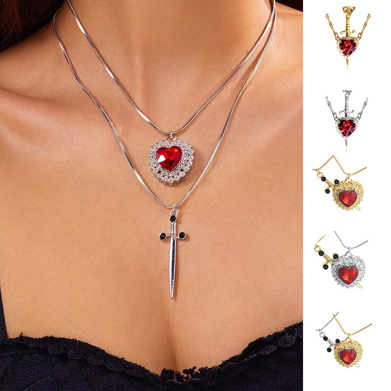 2pcs Fashion Creative Love Sword Heart Shape Pendant Necklace Couples Women and Men Party Jewelry Couple Gift Accessories