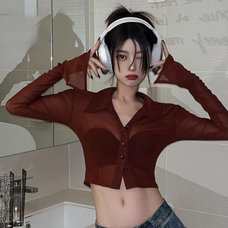 Deeptown Vintage Streetwear Crop Halenky Dámské Jednolité Sexy Průhledné topy ze síťoviny Dámská košile Slim Fit s dlouhým rukávem