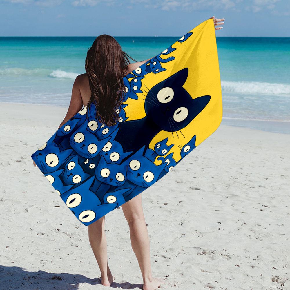 Ultra-Soft Microfiber Beach Towel With Playful Cartoon Cat Design,Perfect For Beach Days & Travel,Yellow With Blue & White Cats