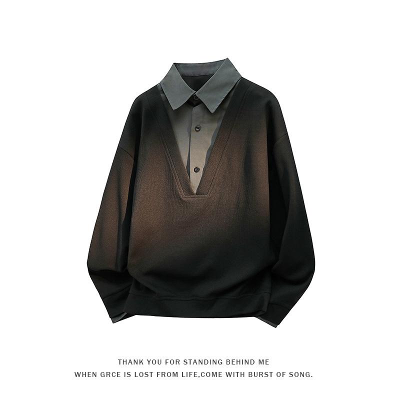 Men's Layered Look V-Neck Sweater - Casual Fake Two-Piece Long Sleeve Top