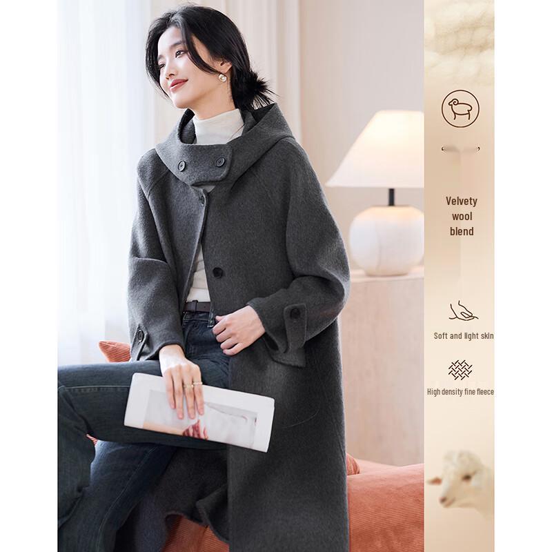 

Women s Elegant Hooded Wool Blend Mid-Length Coat L