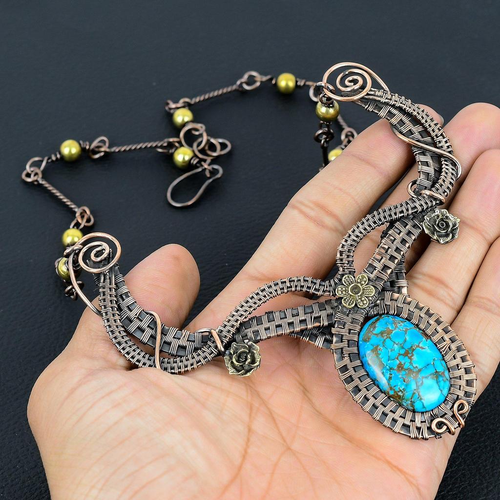 Blue Turquoise Handmade Gemstone Necklace, 999 Copper Wire Wrapped Antique Jewelry Adjustable Chain Necklace, For Engagement Gift