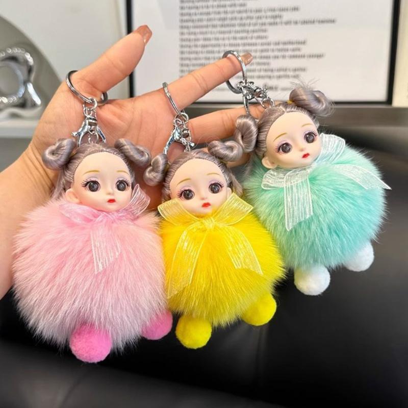 Cute Pompom Keychain Plush Ball Keyring Doll Pendant  Key Holder Chain For Car Key Ring
