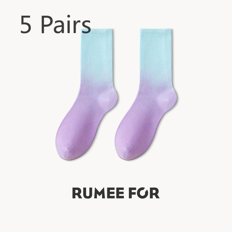 5 Pairs of Female Spring and Autumn Sports Color Gradient Color Tube Socks