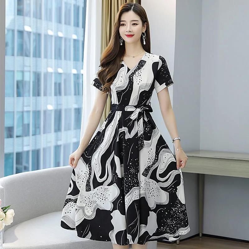 

Korean Style V-Neck Cinched Waist Mid-Length Summer Dress for Women S
