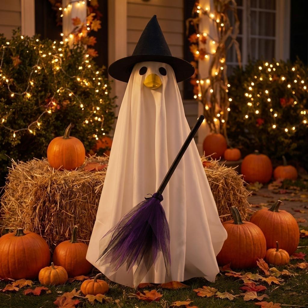 Goose Ghost Costume with Witch Hat and Broomstick Halloween Decorative Outfit for Outdoor Garden Yard Decoration