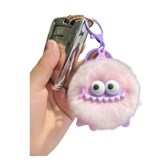 Monster-Inspired Plush Keychain Soft Fuzzy Fur Ball with Big Eyes & Teeth Eye-catching Bag Charm for Keys Backpacks Fun Gift for Teens & Adults