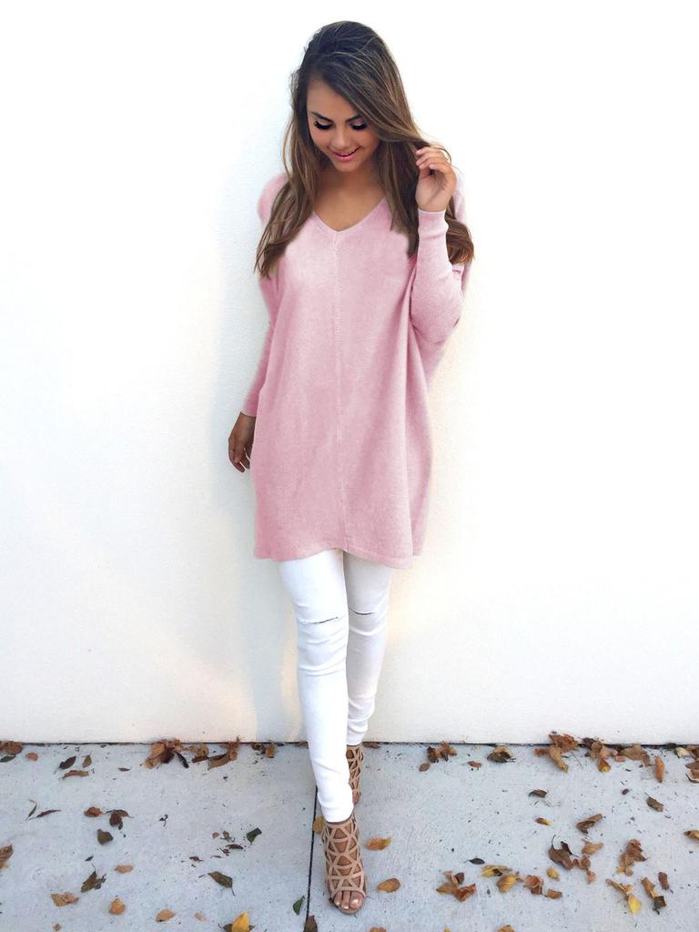 Sweet Girly Vneck Pullover Long Sleeve Top Womens Slim Fit Polyester Autumn Casual