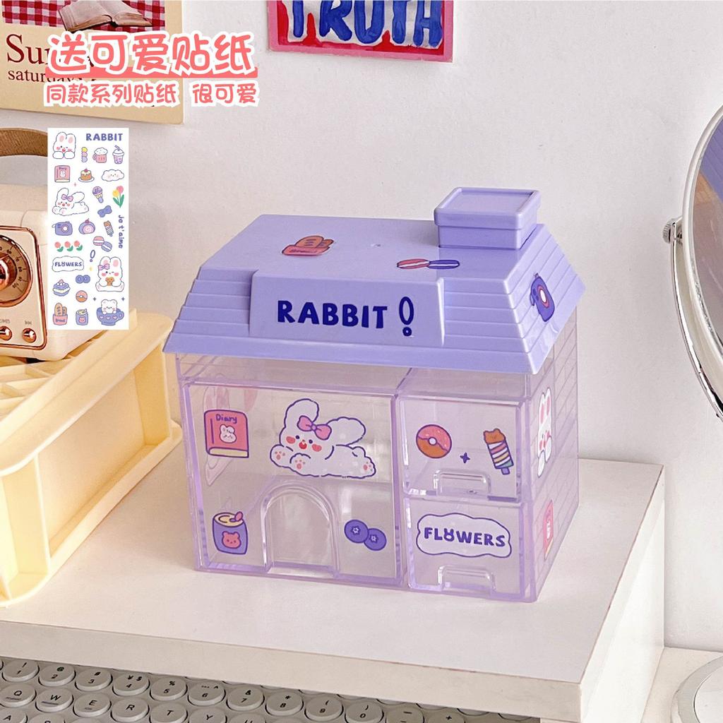 Transparent Desktop Storage Box Creative Small House Pen Holder Student Kawaii Stationery Cosmetic Organizer Rack Drawer Cute