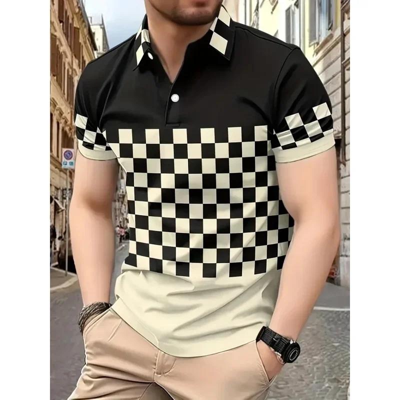 

Summer Men s Casual Polo Shirt Short Sleeve Lapel Button Tshirt for Men Casual Streetwear Lightweight Jogging Tops Grid Printing 3XL чорний