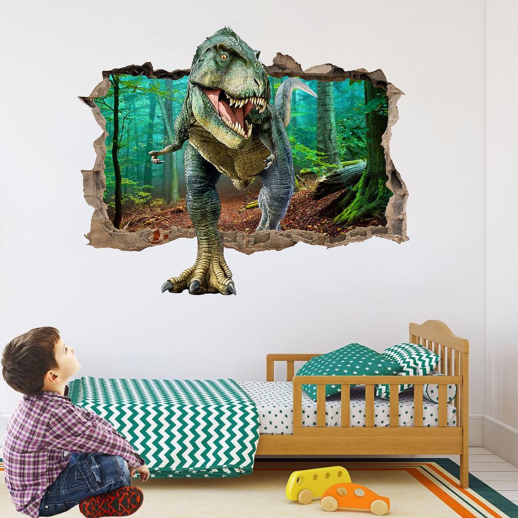 Jurassic Tyrannosaur Broken Wall Hole Art Stickers Jungle Dinosaur World Mural Self Adhesive For Home Decoration Aesthetic Rooms