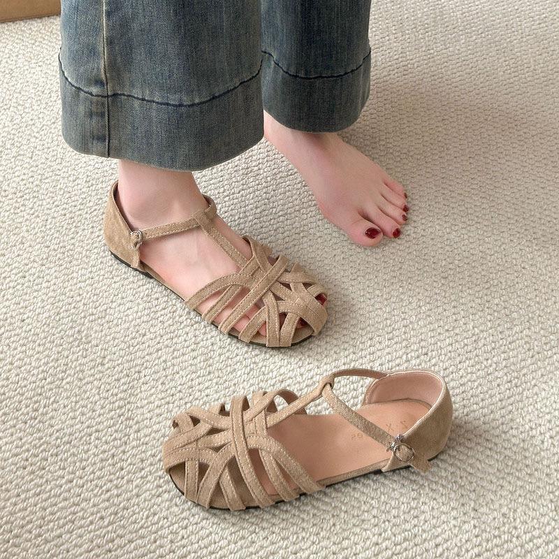 Flache gewebte Hohlsandalen Damen Sommer neue lässige weiche Sohle nicht müde Füße schwangere Frauen Tasche Kopf Sandalen