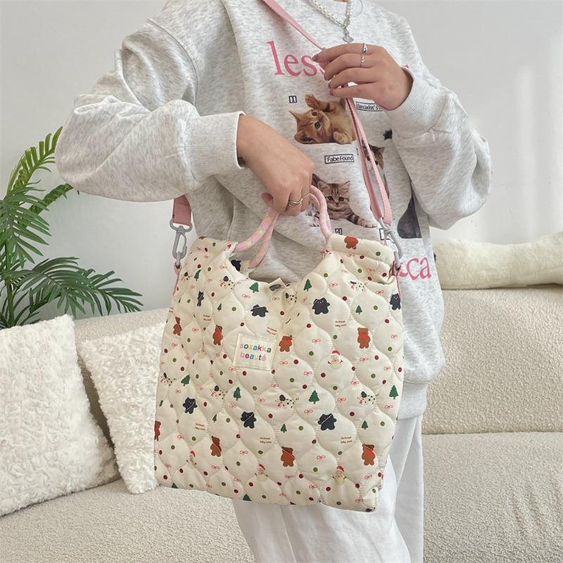 11 Autumn and Winter Quilted Quilted Cotton Cartoon Pattern Hand Bag Women's Hand Shoulder Crossbody Canvas Bag
