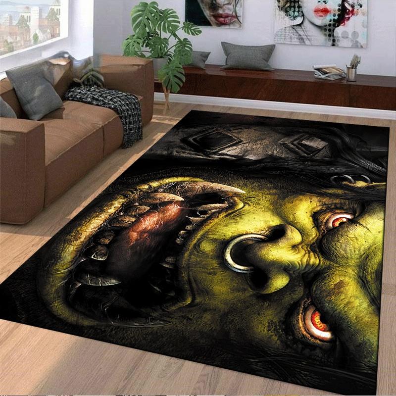 Green Warrior Skull Rug with Fierce Expression Suitable for use as an anti-slip game mat for living room and bedroom sofas