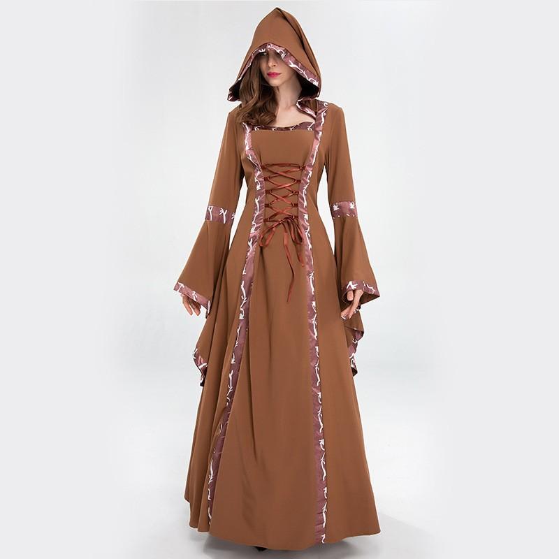 Halloween Victorian Witch Costume Vintage Court Hooded Vampire Medieval Performance Dress Women
