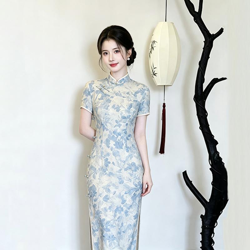 Blue short-sleeved national style new Chinese daily Suzhou long cheongsam improved young 1011 new women's high sense