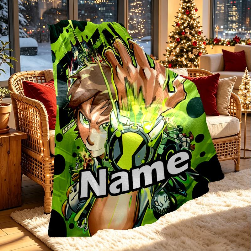 Custom Name Personalized Ben 10 Cartoon Print Blanket, Home Decor, Bedroom, Sofa, Camping, Couch, Gifts for Birthday ChristmasEnthusiasts