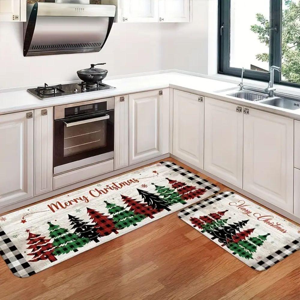 2/3pcs Christmas Kitchen Floor Mats Vintage Christmas Tree Hallway Rugs Soft Cozy Entrance Welcome Mat Home Decoration