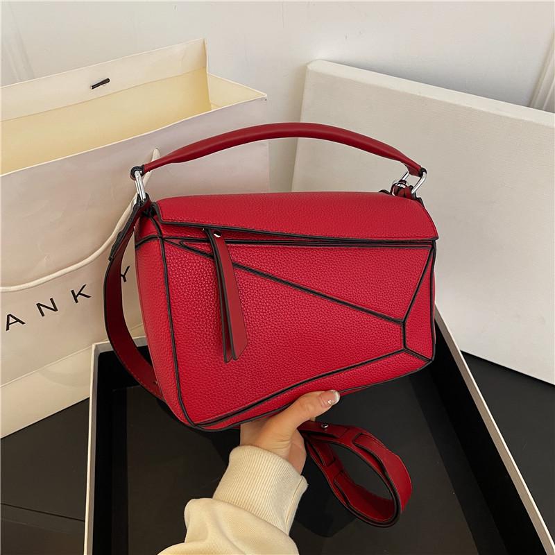 Prosta Jednolita Kolorowa Patchworkowa Torba na Ramię Crossbody z Ziarnistej Skóry Liczi