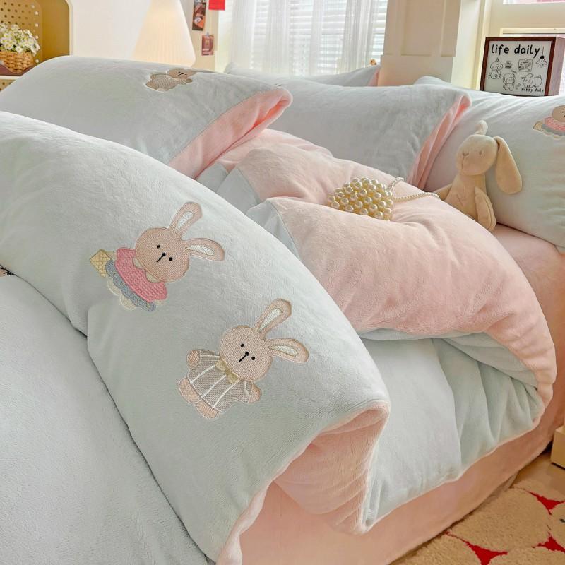 Ins Cute Cartoon Milk Fleece Bedding Set Winter Flannel Duvet Cover Sheet