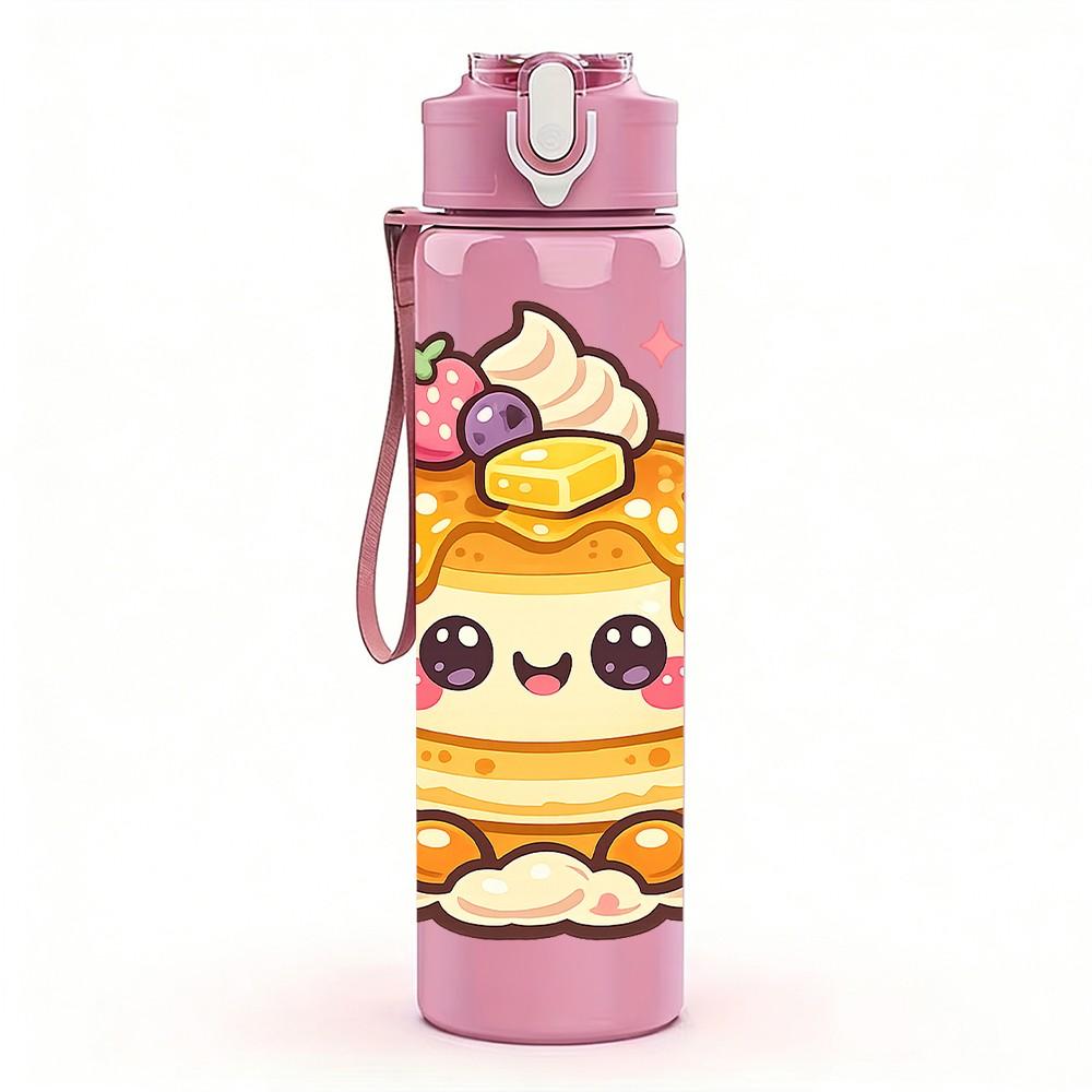 1PC Sweet Pancake Breakfast Art 750ml Color Plastic Sports Water Bottle Leakproof Flip Straw Lid Suitable for Sports Office Home Use