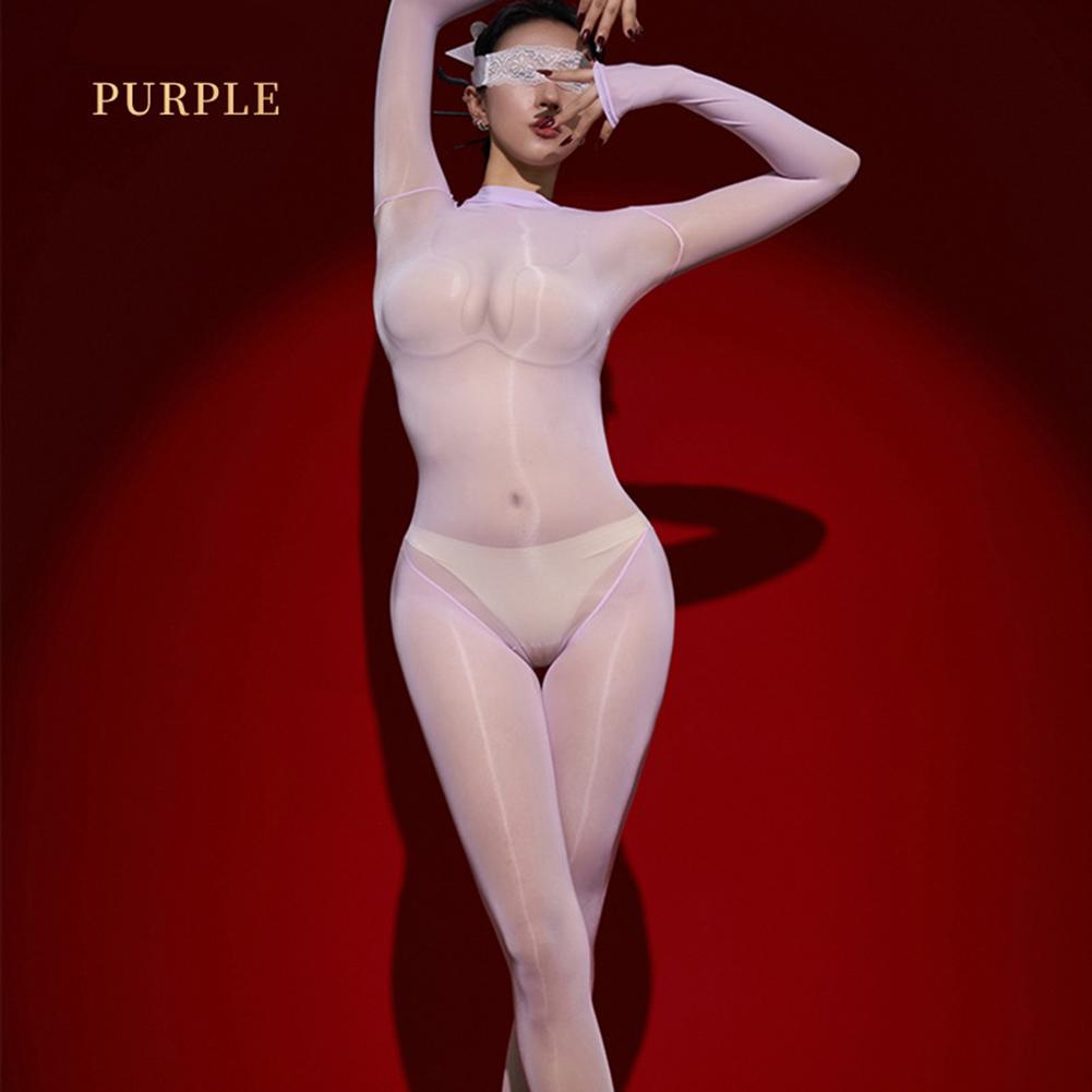 Sexy Women Oil Glossy Full Body Stockings Sheer See Through Bodysuit Tight Elastic Leotard Solid Transparent Seductive Jumpsuit